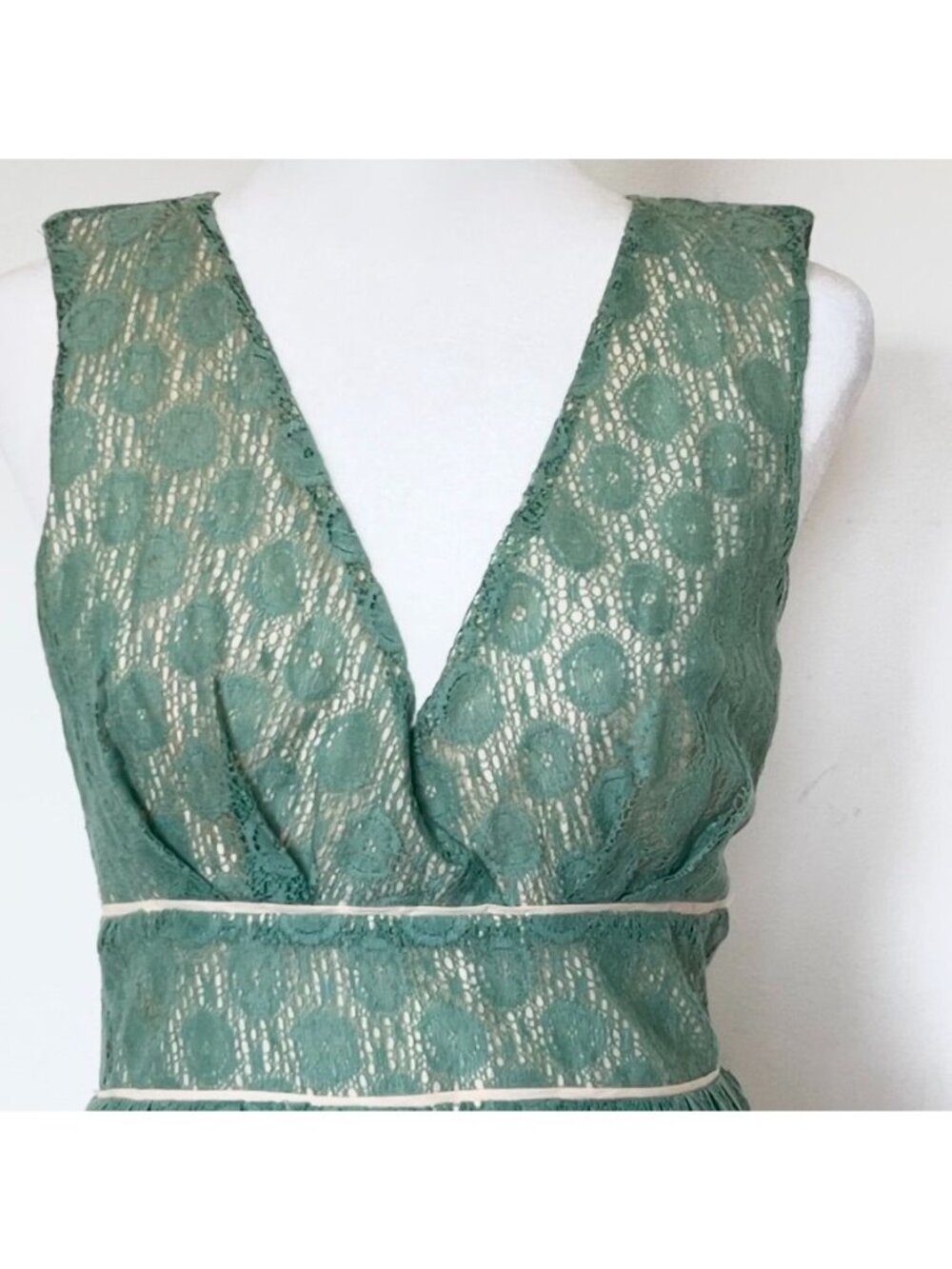 Vintage Sage Green Lace Midi Dress Garden Party Sorority Rush Cocktail Feminine - Picture 7 of 11